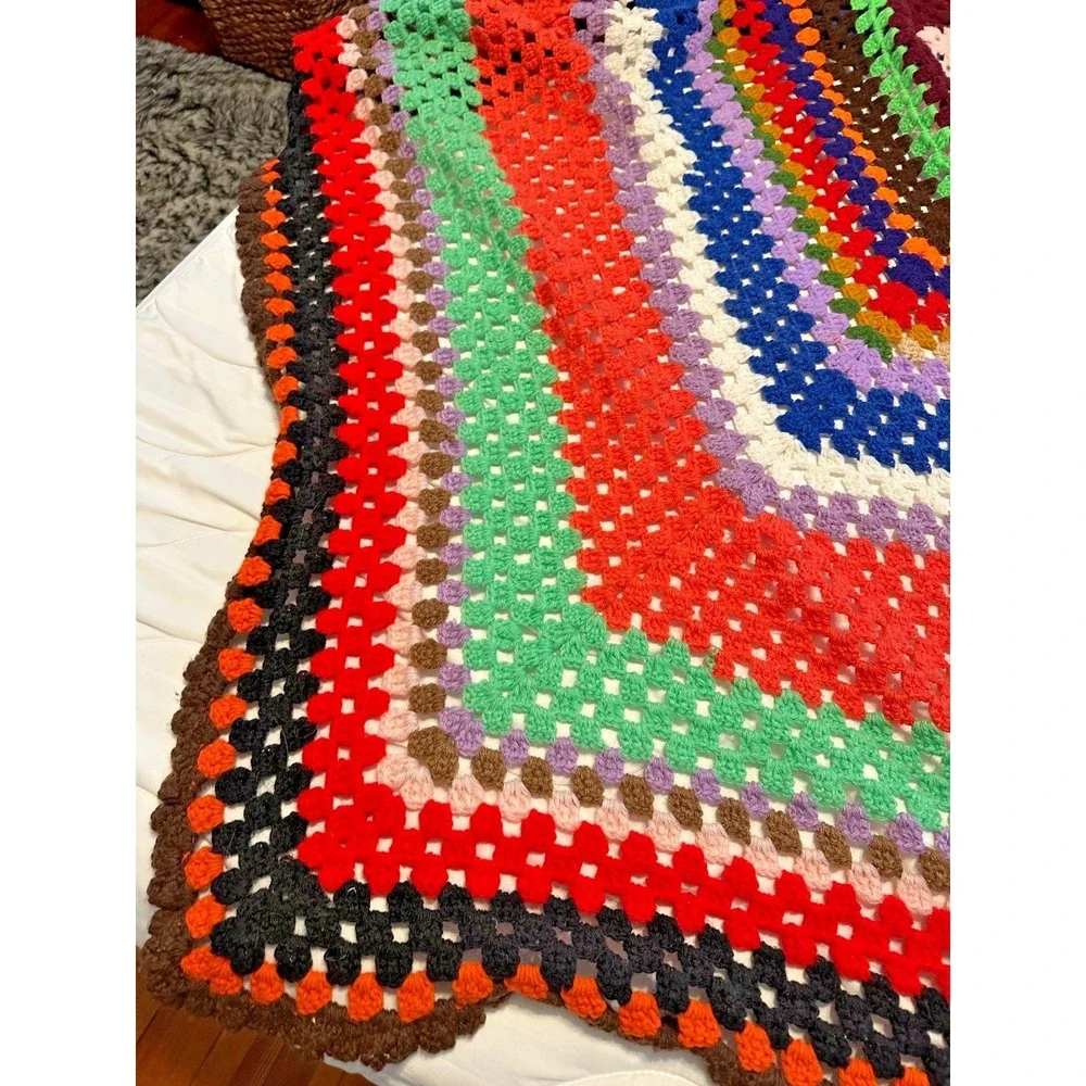 VTG Handmade Crochet Granny Square Afghan blanket  Multi Color approx  70